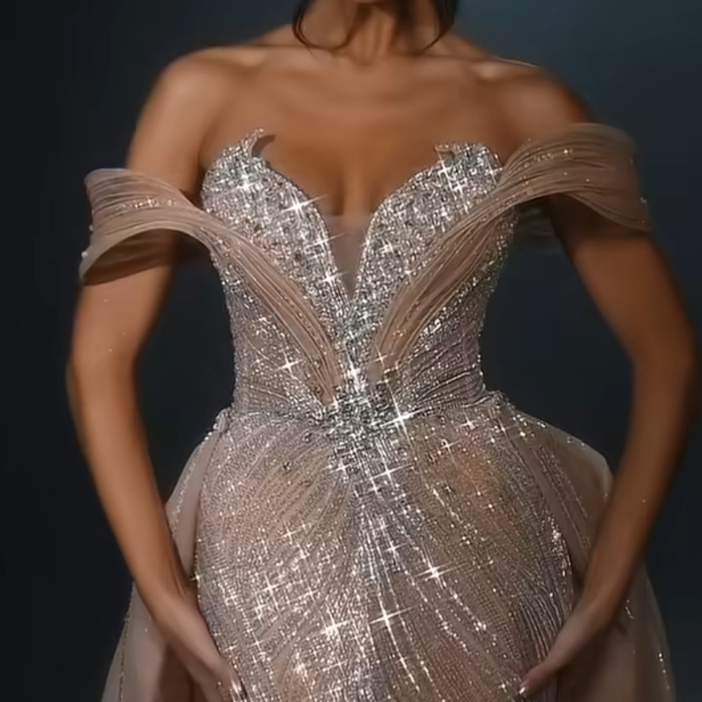 Elegant Silver beaded and Cream Evening Gown
